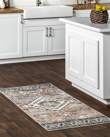 nuLOOM 2x10 Machine Washable Rain Haven Vintage Medallion Area Rug, Rust, Traditional Faded Design, Non-Slip Backing, Stain Resistant, For Bedroom, Dining Room, Living Room, Kitchen - LeafyLoom