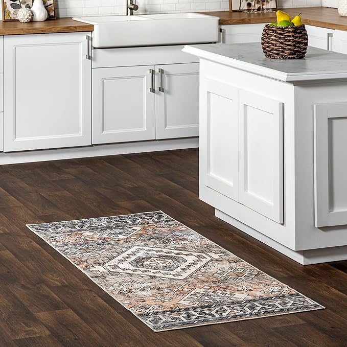 nuLOOM 2x8 Machine Washable Rain Haven Vintage Medallion Area Rug, Rust, Traditional Faded Design, Non-Slip Backing, Stain Resistant, For Bedroom, Dining Room, Living Room, Kitchen - LeafyLoom