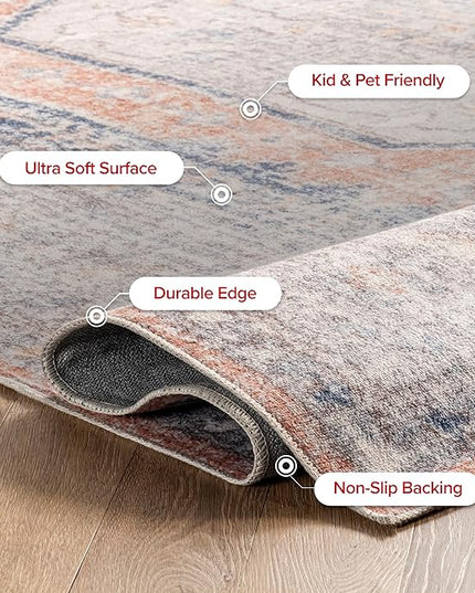 nuLOOM 6x9 Machine Washable Rain Haven Vintage Medallion Area Rug, Peach, Traditional Faded Design, Non-Slip Backing, Stain Resistant, For Bedroom, Dining Room, Living Room, Kitchen - LeafyLoom