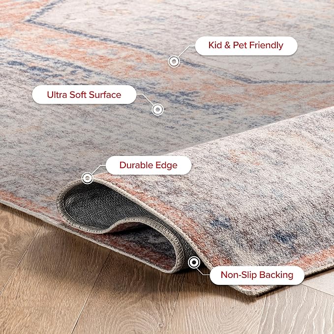 nuLOOM 6x9 Machine Washable Rain Haven Vintage Medallion Area Rug, Peach, Traditional Faded Design, Non-Slip Backing, Stain Resistant, For Bedroom, Dining Room, Living Room, Kitchen - LeafyLoom
