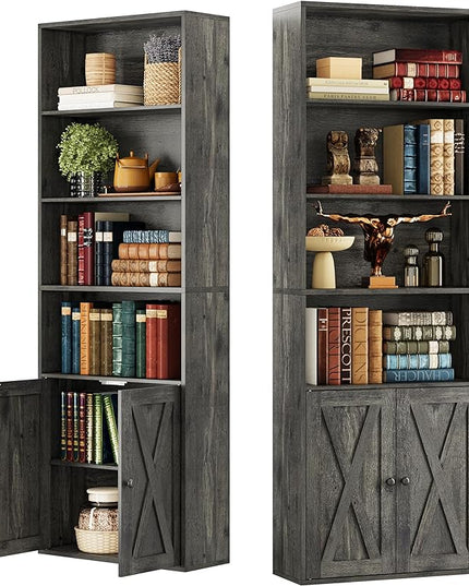 IRONCK Industrial Bookshelves and Bookcases with Doors Set of 2 Floor Standing 6 Shelf Display Storage Shelves 70 in Tall Bookcase for Home Office, Living Room - LeafyLoom