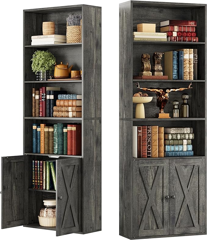 IRONCK Industrial Bookshelves and Bookcases with Doors Set of 2 Floor Standing 6 Shelf Display Storage Shelves 70 in Tall Bookcase for Home Office, Living Room - LeafyLoom