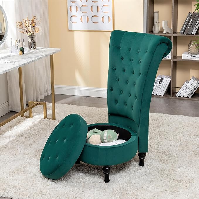 Royal High-Back Velvet Accent Chair for Vanity with Storage and Luxurious Upholstery, Retro Design and Versatile Usage for Living Room, Bedroom, Lounge and Office, Green - LeafyLoom