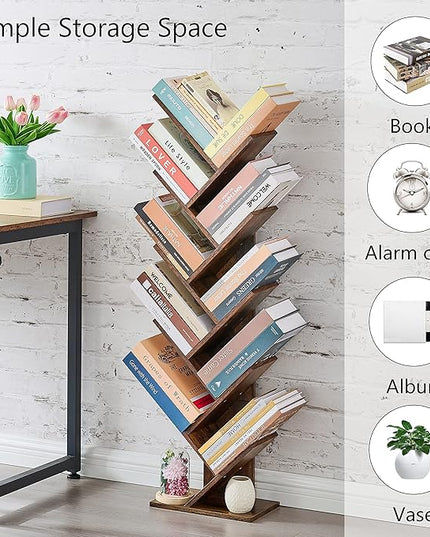 Hoctieon 10 Tier Tree Bookshelf, 10 Shelf Bookcase, Free Standing Tree Bookcase, Display Floor Standing Shelf for Books, Book Shelf Organizer, Rustic Brown - LeafyLoom