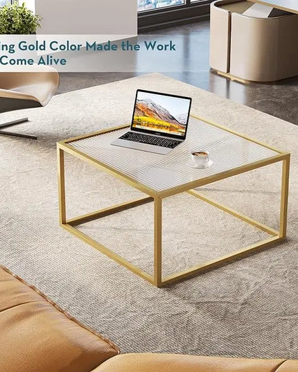 SAYGOER Modern Glass Coffee Table Small Squre Coffee Tables for Large or Small Space Unique Art Center Table for Living Room Home Office with Gold Metal Frame, Easy Assembly - LeafyLoom