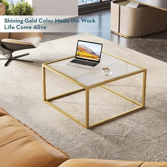 SAYGOER Modern Glass Coffee Table Small Squre Coffee Tables for Large or Small Space Unique Art Center Table for Living Room Home Office with Gold Metal Frame, Easy Assembly - LeafyLoom