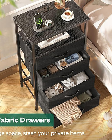 Night Stand with Charging Station, 4 Drawer Dresser for Bedroom, Bedside Table, 33.9 Inch Tall Nightstand with Open Shelf, End Table, for Closet, Entryway, Bedroom, Black - LeafyLoom