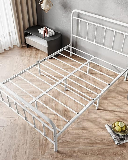 Vintage Full Size Bed Frame with Headboard and Footboard Mattress Heavy Duty Metal Platform Bed Frame Steel Slat Support (Full, White) - LeafyLoom