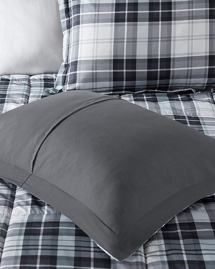 Madison Park Essentials Parkston Plaid Comforter, Matching Sham, 3M Scotchguard Stain Release Cover, Hypoallergenic All Season Bedding-Set, King/California King, Black, 3 Piece - LeafyLoom