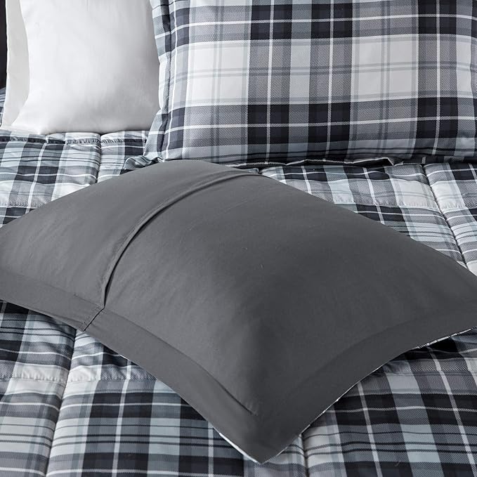 Madison Park Essentials Parkston Plaid Comforter, Matching Sham, 3M Scotchguard Stain Release Cover, Hypoallergenic All Season Bedding-Set, King/California King, Black, 3 Piece - LeafyLoom