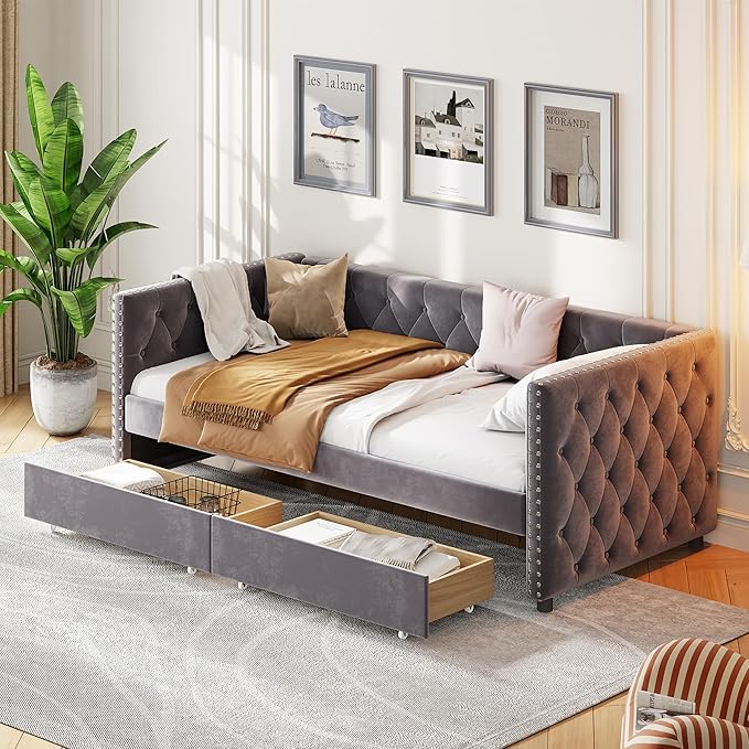 Twin Size Velvet Upholstered Daybed with Two Storage Drawers, Solid Wood Bed w/Button Tufted Backrest, for Living Room, Bedroom, Dorm, No Box Spring Needed - LeafyLoom