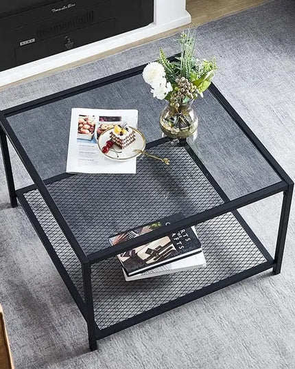 SAYGOER Coffee Table with Storage Modern Glass Coffee Tables Square Industrial Simple Center Table for Living Room Home Office Small Space 27.6 x 27.6 x 17.7 Inches Easy Assembly Gray Black - LeafyLoom