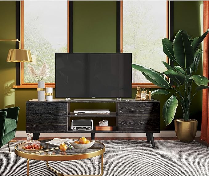 WLIVE TV Stand for 55 60 inch TV, Modern Entertainment Center with Storage Cabinets, Mid Century TV Console Table for Bedroom, TV Stand for Living Room, Charcoal Black - LeafyLoom