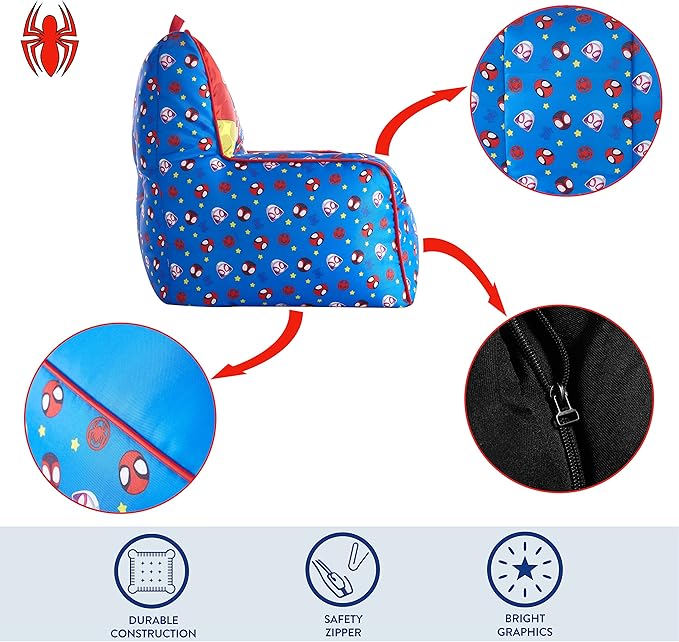 Idea Nuova Marvel Spidey & His Amazing Friends Toddler Nylon Bean Bag Chair with Piping & Top Carry Handle, NN201537, Large, Spidey & Friends - LeafyLoom