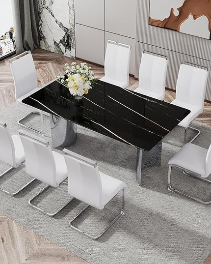 NicBex Modern Minimalist Dining Table Black Imitation Marble Glass Desktop is Equipped with Silver Metal Legs Suitable for Restaurants and Living Rooms, Black + Silver - LeafyLoom