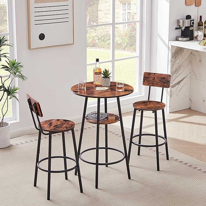 NicBex Small Dining Table for 2 Kitchen Table Set Round Bar Stool Set with Shelves, Stool with Backrest for Kitchen, Dining Room, Small Space, Extra Storage Rack, Rustic Brown - LeafyLoom