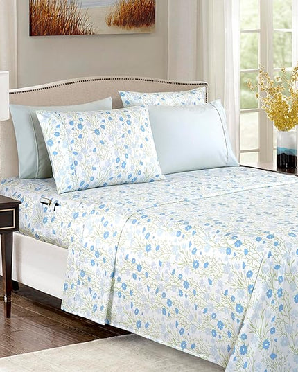 Elegant Comfort Softest and Coziest 6-Piece Sheet Set - 1500 Premium Hotel Quality Microfiber - Deep Pocket, Wrinkle Resistant 6-Piece Floral Bed Sheet Set, Full, Laurel Blue - LeafyLoom
