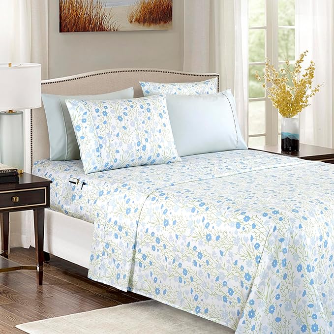 Elegant Comfort Softest and Coziest 6-Piece Sheet Set - 1500 Premium Hotel Quality Microfiber - Deep Pocket, Wrinkle Resistant 6-Piece Floral Bed Sheet Set, Full, Laurel Blue - LeafyLoom
