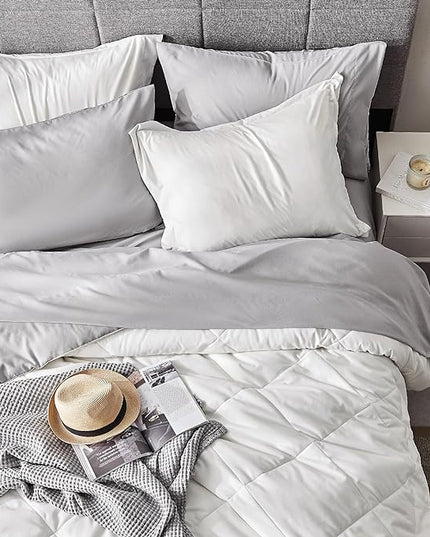 Bedsure Ivory Full Size Comforter Set - 7 Pieces Reversible Full Bed in a Bag, Full Bed Set Ivory and Grey with Comforters, Sheets, Pillowcases & Shams - LeafyLoom