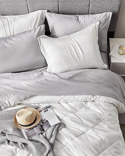 Bedsure Ivory Queen Comforter Set - 7 Pieces Reversible Queen Bed in a Bag, Queen Bed Set Ivory and Grey with Comforters, Sheets, Pillowcases & Shams - LeafyLoom
