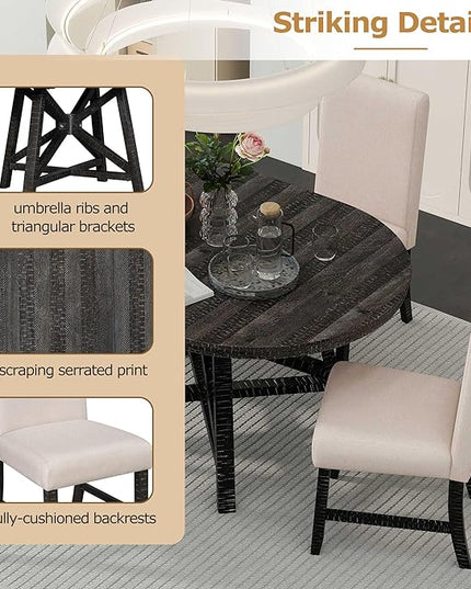 NicBex Round Dining Table for 4 Kitchen Table and Chairs 5-Piece Dining Set with Extendable Round Table with Removable Middle Leaf and 4 Upholstered Chairs, Black - LeafyLoom