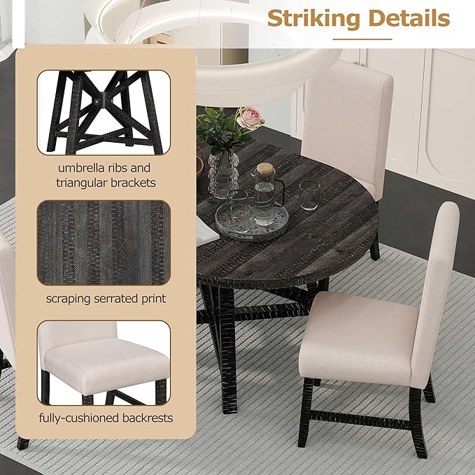 NicBex Round Dining Table for 4 Kitchen Table and Chairs 5-Piece Dining Set with Extendable Round Table with Removable Middle Leaf and 4 Upholstered Chairs, Black - LeafyLoom
