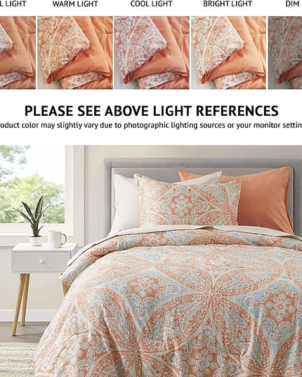 Comfort Spaces Bed in A Bag - Trendy Casual Design Cozy Comforter with Complete Sheet Set with Side Pocket, All Season Cover, Matching Shams, Twin(66"x90"), Gloria, Damask Coral 6 Piece - LeafyLoom