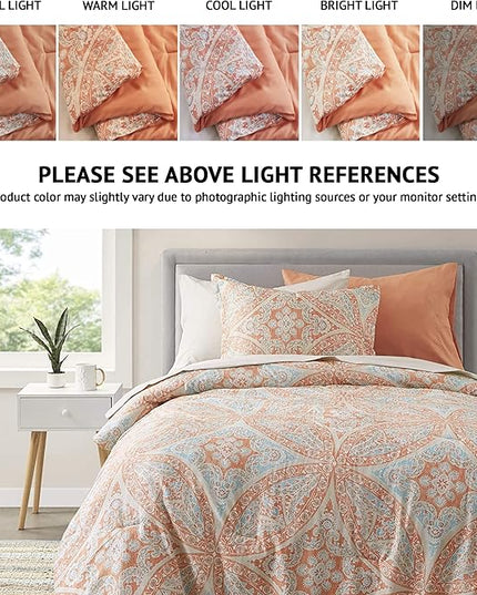 Comfort Spaces Bed in A Bag - Trendy Casual Design Cozy Comforter with Complete Sheet Set with Side Pocket, All Season Cover, Matching Shams, Twin XL(66 in x 90 in), Gloria, Damask Coral 6 Piece - LeafyLoom