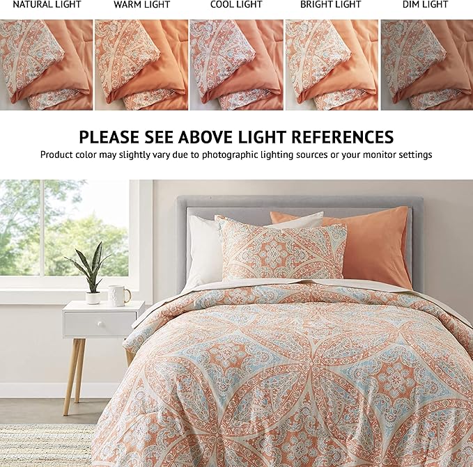 Comfort Spaces Bed in A Bag - Trendy Casual Design Cozy Comforter with Complete Sheet Set with Side Pocket, All Season Cover, Matching Shams, Twin XL(66 in x 90 in), Gloria, Damask Coral 6 Piece - LeafyLoom