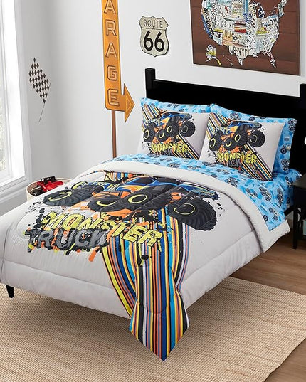 Kids Bedding Set Bed in a Bag for Boys and Girls Toddlers Printed Sheet Set and Comforter, Full, Monster Truck - LeafyLoom