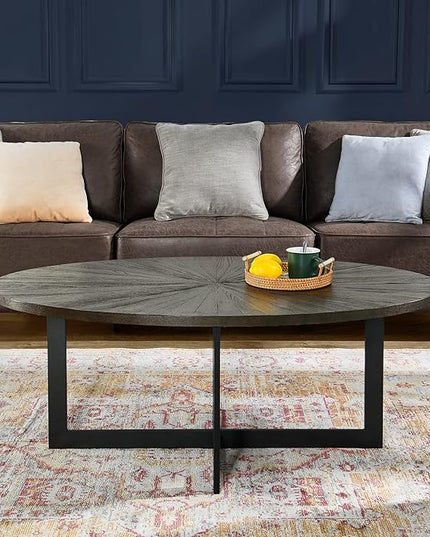 Solid Wood Oval Coffee Table with Cross Metal Legs, 47.9" Industrail Bar Cocktail Table for Living Room Kitchen Office Sofa Table Bristro Table for Cafe/Bar Black 1831BK - LeafyLoom