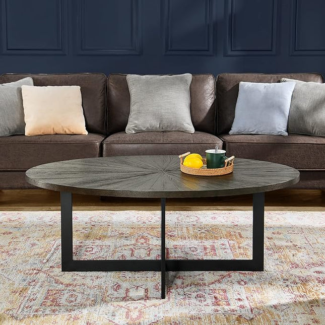 Solid Wood Oval Coffee Table with Cross Metal Legs, 47.9" Industrail Bar Cocktail Table for Living Room Kitchen Office Sofa Table Bristro Table for Cafe/Bar Black 1831BK - LeafyLoom