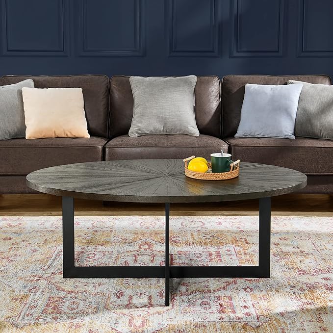 Solid Wood Oval Coffee Table with Cross Metal Legs, 47.9" Industrail Bar Cocktail Table for Living Room Kitchen Office Sofa Table Bristro Table for Cafe/Bar Black 1831BK - LeafyLoom