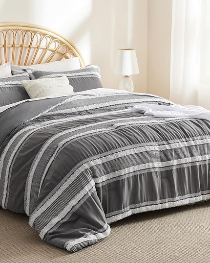 Bedsure Boho Comforter Set Queen - Dark Grey Jacquard Bedding Comforter Set, 3 Pieces Farmhouse Shabby Chic Embroidery Bed Set, Soft Fluffy Tufted Striped Comforter for All Seasons - LeafyLoom