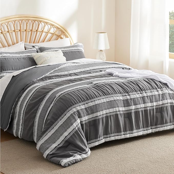 Bedsure Boho Comforter Set Queen - Dark Grey Jacquard Bedding Comforter Set, 3 Pieces Farmhouse Shabby Chic Embroidery Bed Set, Soft Fluffy Tufted Striped Comforter for All Seasons - LeafyLoom