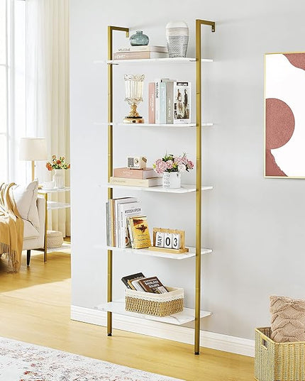 Tajsoon 5-Tier Ladder Shelf, Large Wall Mount Bookshelf with Metal Frame, Open Display Shelves for Living Room, Bedroom, Home, Plant Flower, White & Gold - LeafyLoom