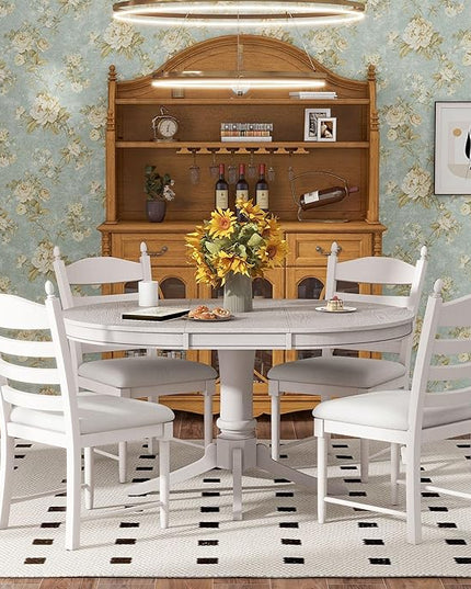 5-Piece Vintage Round Wood Extendable Dining, Kitchen Table Set with 4 Cushioned Chairs, Charming Antique White, Onesize - LeafyLoom
