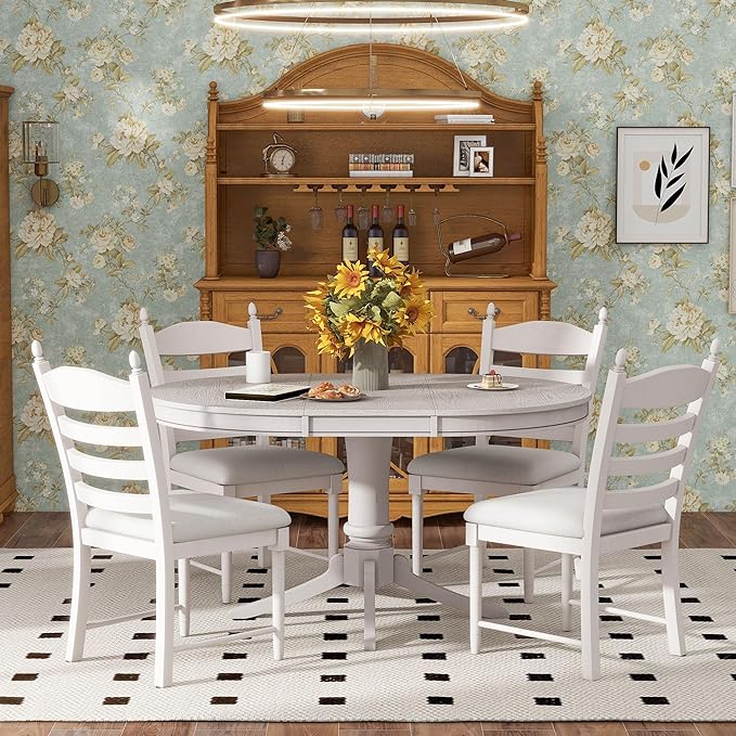 5-Piece Vintage Round Wood Extendable Dining, Kitchen Table Set with 4 Cushioned Chairs, Charming Antique White, Onesize - LeafyLoom