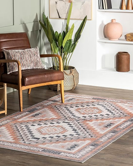 nuLOOM Leighton Machine Washable Southwestern Medallion Ultra Thin Area Rug, 5' x 8', Peach - LeafyLoom