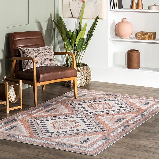 nuLOOM Leighton Machine Washable Southwestern Medallion Ultra Thin Area Rug, 5' x 8', Peach - LeafyLoom