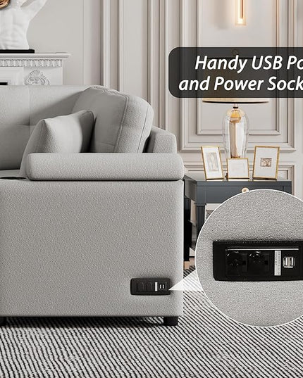 Boucle Upholstered Reversible Sleeper Sectional Sofa with Pull Out Bed , 3 Seater L Shaped Convertible Corner Couch with Cupholders&USB Ports, Power Sockets, Small Pullout Sofabed for Living Room - LeafyLoom