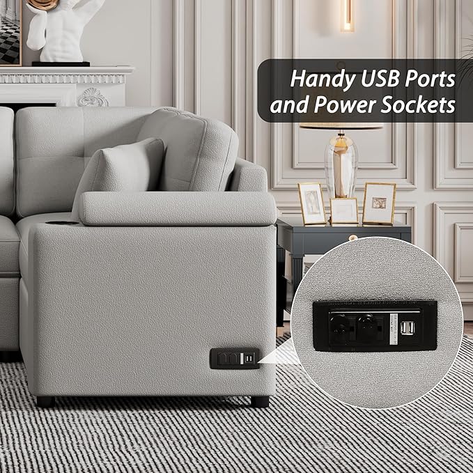 Boucle Upholstered Reversible Sleeper Sectional Sofa with Pull Out Bed , 3 Seater L Shaped Convertible Corner Couch with Cupholders&USB Ports, Power Sockets, Small Pullout Sofabed for Living Room - LeafyLoom
