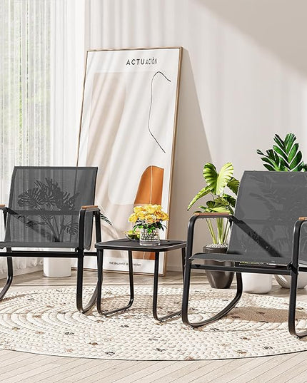 YITAHOME 3 Piece Rocking Bistro Set, Outdoor Patio Furniture Set with Wooden Armrests, Porch Chairs Set with Glass Table for Lawn, Garden, Balcony, Poolside, Dark Gray - LeafyLoom