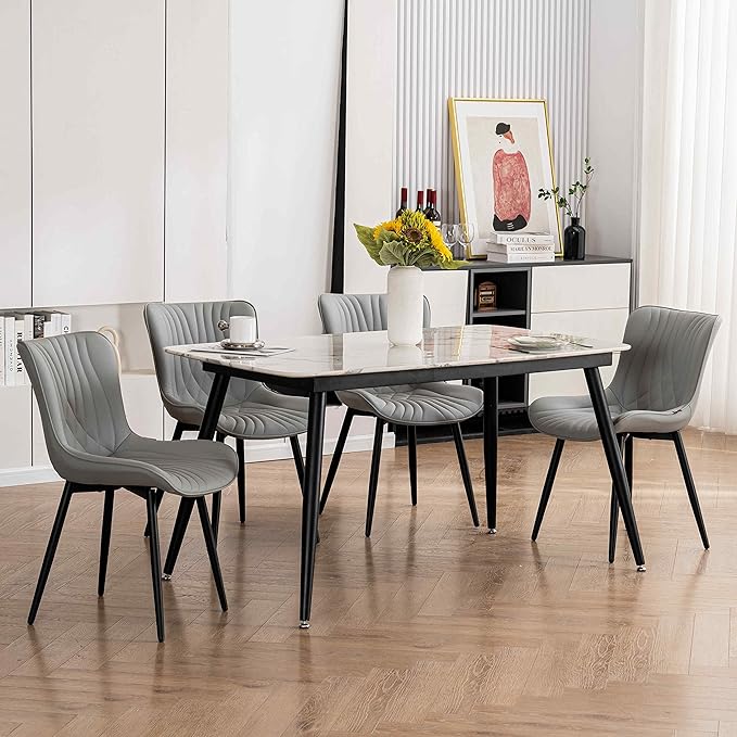 YOUTASTE Grey Dining Chairs Set of 2 Faux Leather Upholstered Kitchen Dining Room Chairs Mid Century Modern Metal Legs Chairs High Back for Kitchen Restaurant Living Room Bedrooms - LeafyLoom