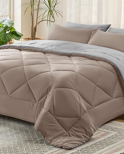 Bedsure Taupe Queen Comforter Set - 7 Pieces Reversible Queen Bed in a Bag Queen Bed Set with Comforters, Sheets, Pillowcases & Shams, Queen Bedding Sets - LeafyLoom