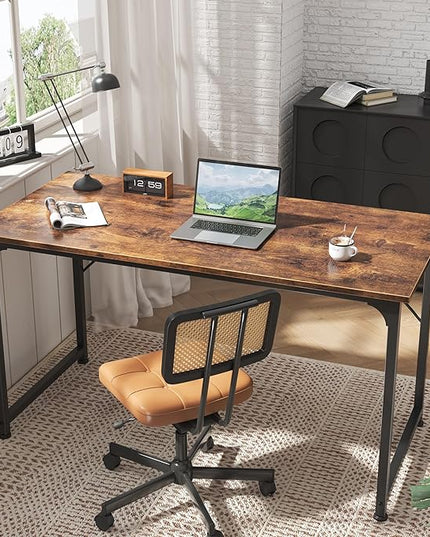 Computer Desk, 55 Inch Office Desk, Gaming Desk with Storage, Writing Desk Work Desk for Home Office, Study, Modern Simple Desk, Large Legroom, Metal Frame, Rustic Brown - LeafyLoom