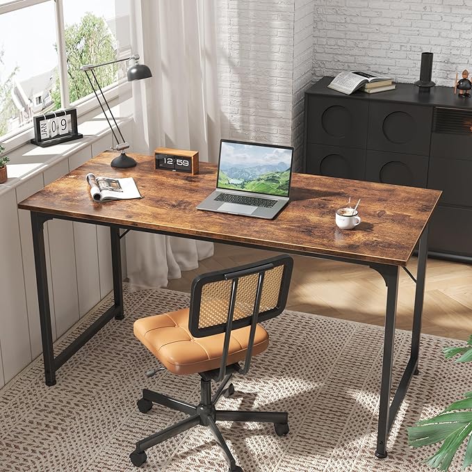 Computer Desk, 55 Inch Office Desk, Gaming Desk with Storage, Writing Desk Work Desk for Home Office, Study, Modern Simple Desk, Large Legroom, Metal Frame, Rustic Brown - LeafyLoom