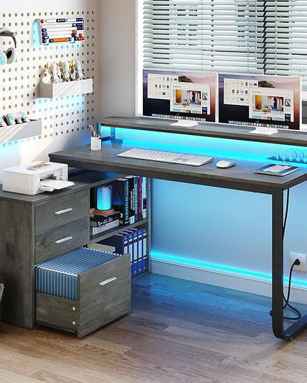 YITAHOME L Shaped Desk with Power Outlets & LED Lights & File Cabinet, 55" Corner Computer Desk with 3 Drawers and 2 Storage Shelves, Home Office Desk with Monitor Stand, Grey - LeafyLoom
