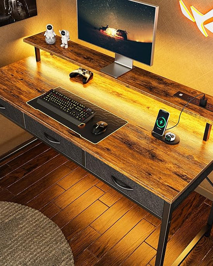 55 inch Computer Desk with 3 Drawers, Office Desk Gaming Desk with LED Lights & Power Outlets, Home Office Desks with Storage Space for Bedroom, Work from Home, Rustic Brown - LeafyLoom