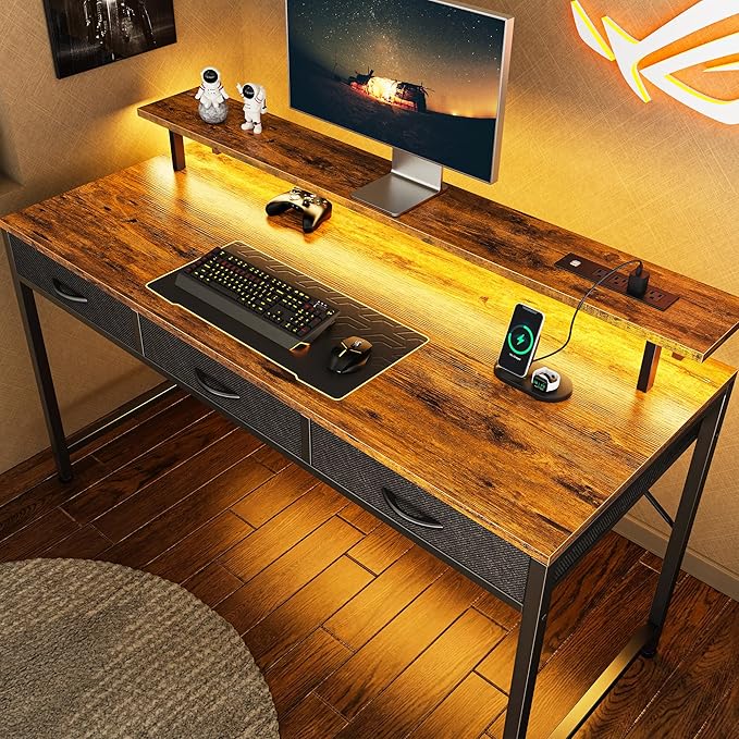 55 inch Computer Desk with 3 Drawers, Office Desk Gaming Desk with LED Lights & Power Outlets, Home Office Desks with Storage Space for Bedroom, Work from Home, Rustic Brown - LeafyLoom